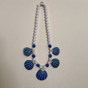 Shell Necklace Vintage 80s Blue White Chunky Plastic Choker Tropical Seashells